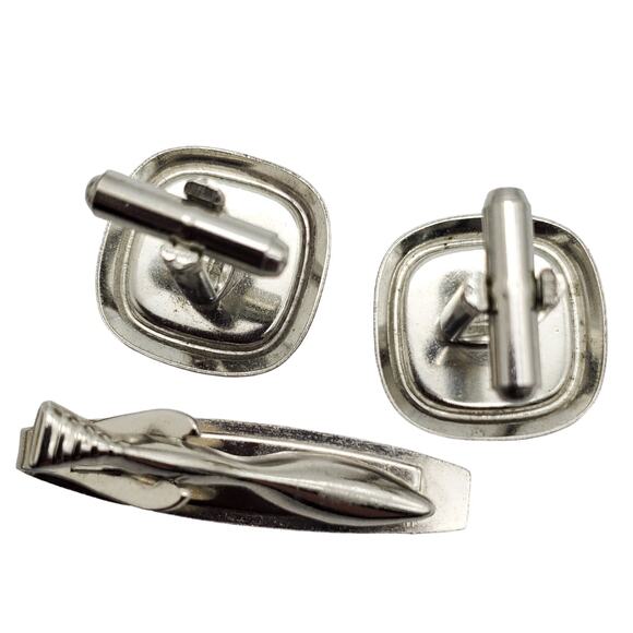 Orange Lucite Cufflinks & Tie Bar Atomic Silver Tone Clip Clasp Vintage 60s 70s - Picture 6 of 8